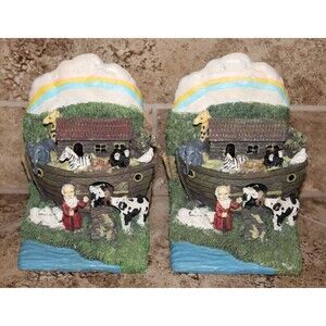 6" Noah's Ark Bookends Vintage Set (2) Biblical Animal Boat Library Book End